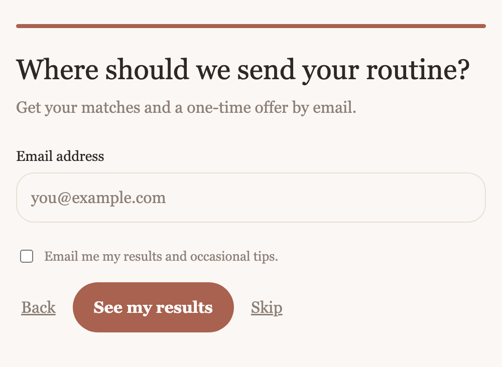 The email step of a quiz, asking where to send the shopper's routine