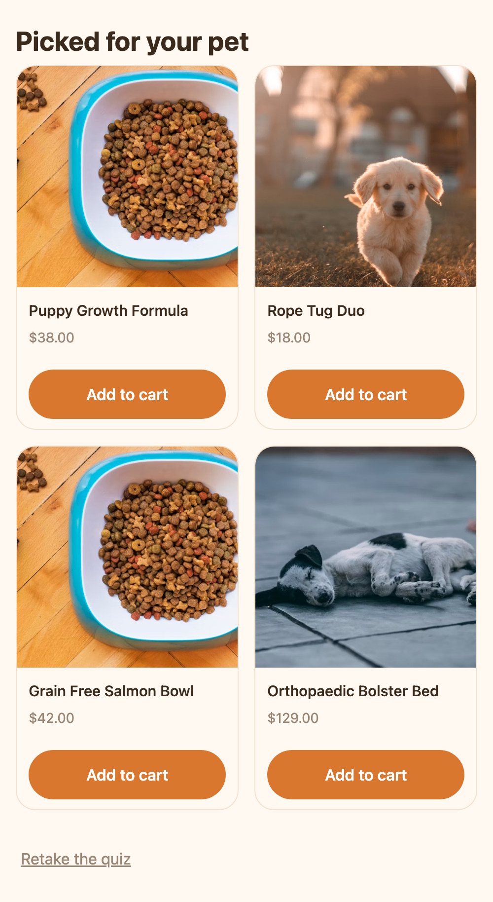 A results page recommending four dog products with add to cart buttons