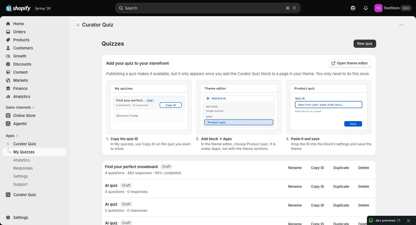 The app's home screen: quiz list and storefront setup guide