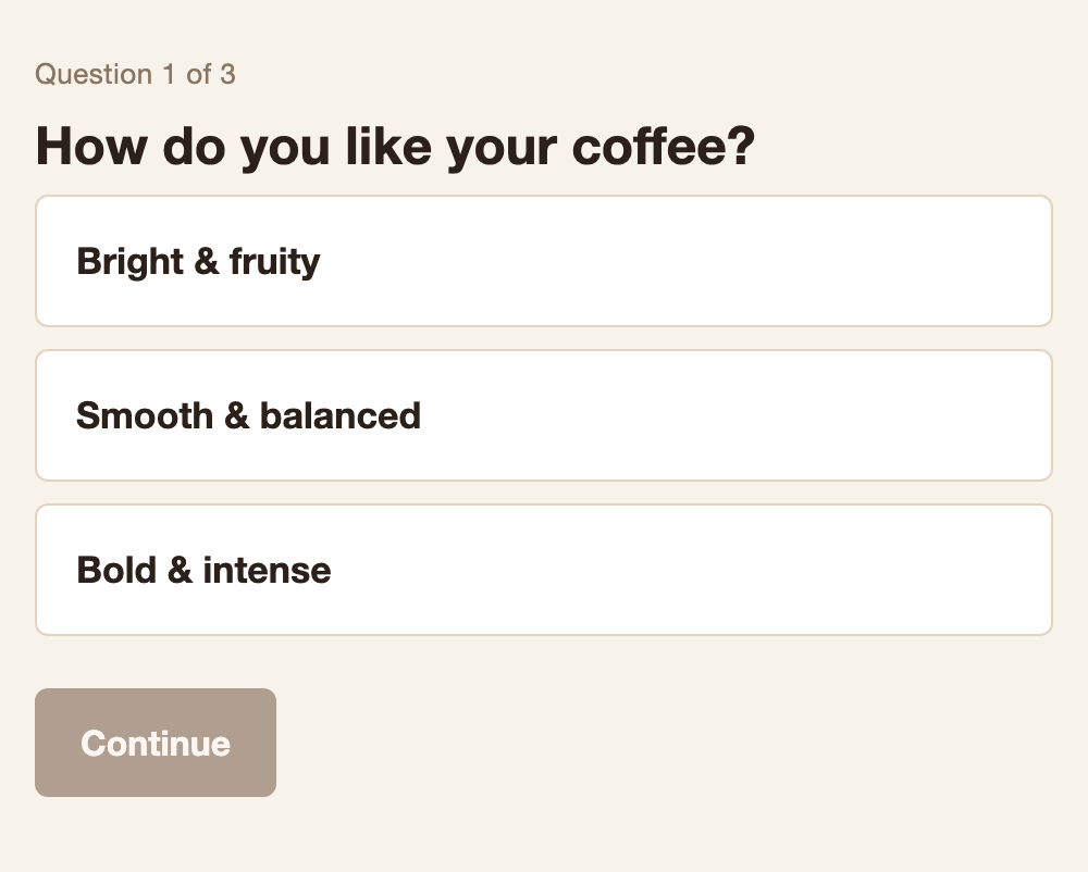A coffee quiz with plain text answers